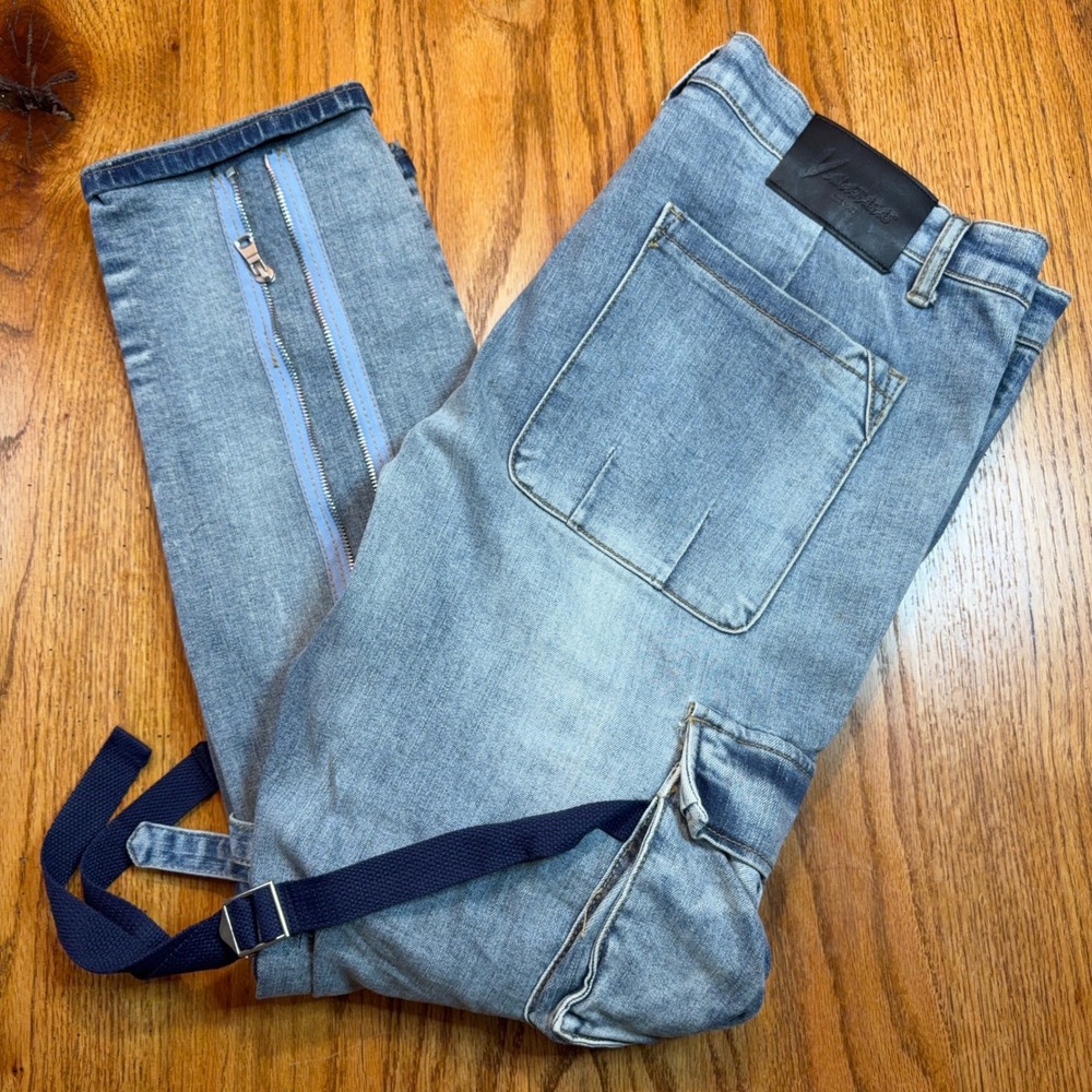 Valabasas Cargo Jeans Mens 40X32 Blue Tactical Straps Zippers Distressed FLAW